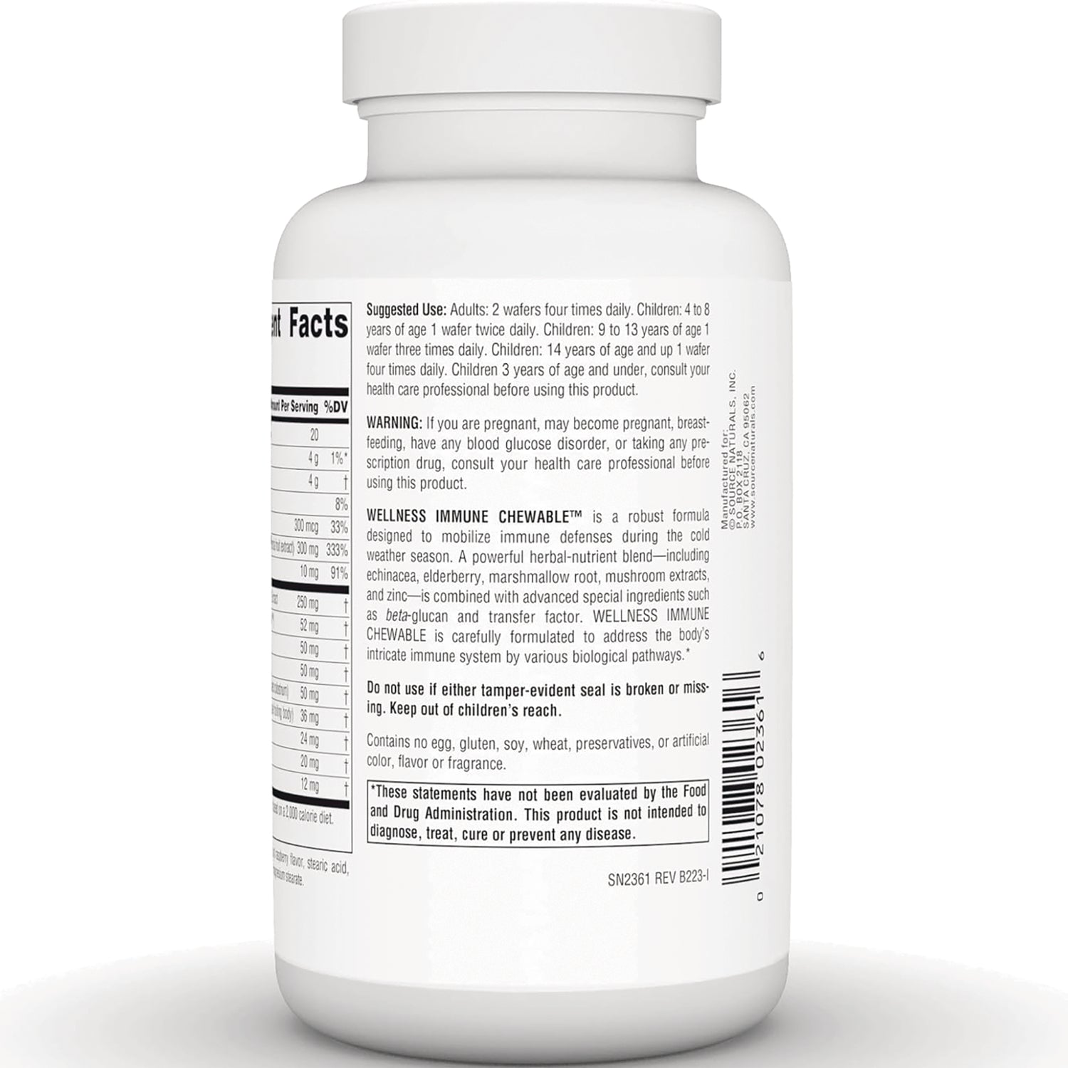 SN220 | Back label with Supplement Facts, suggested use, warnings, and barcode