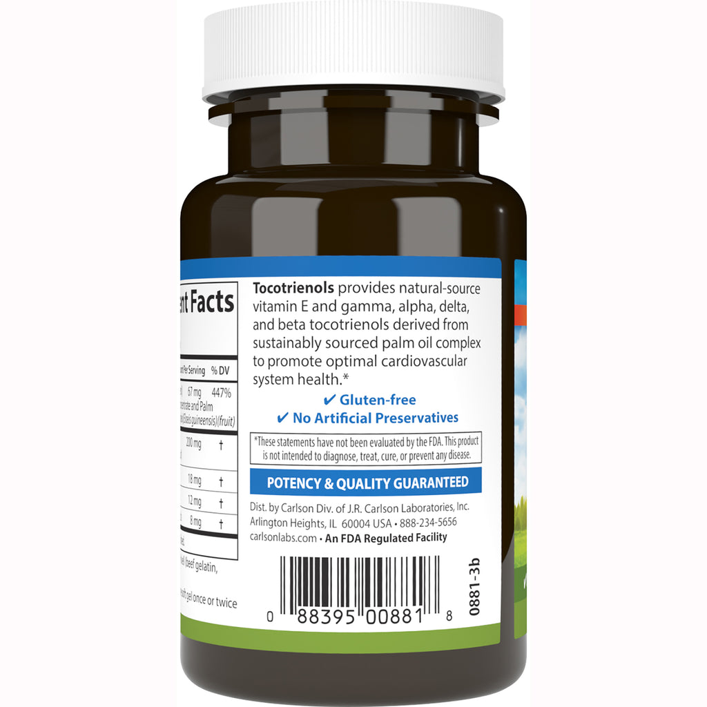 CSN269 | Back label of brown supplement bottle showing Tocotrienols description, gluten-free claims and barcode - Thumbnail