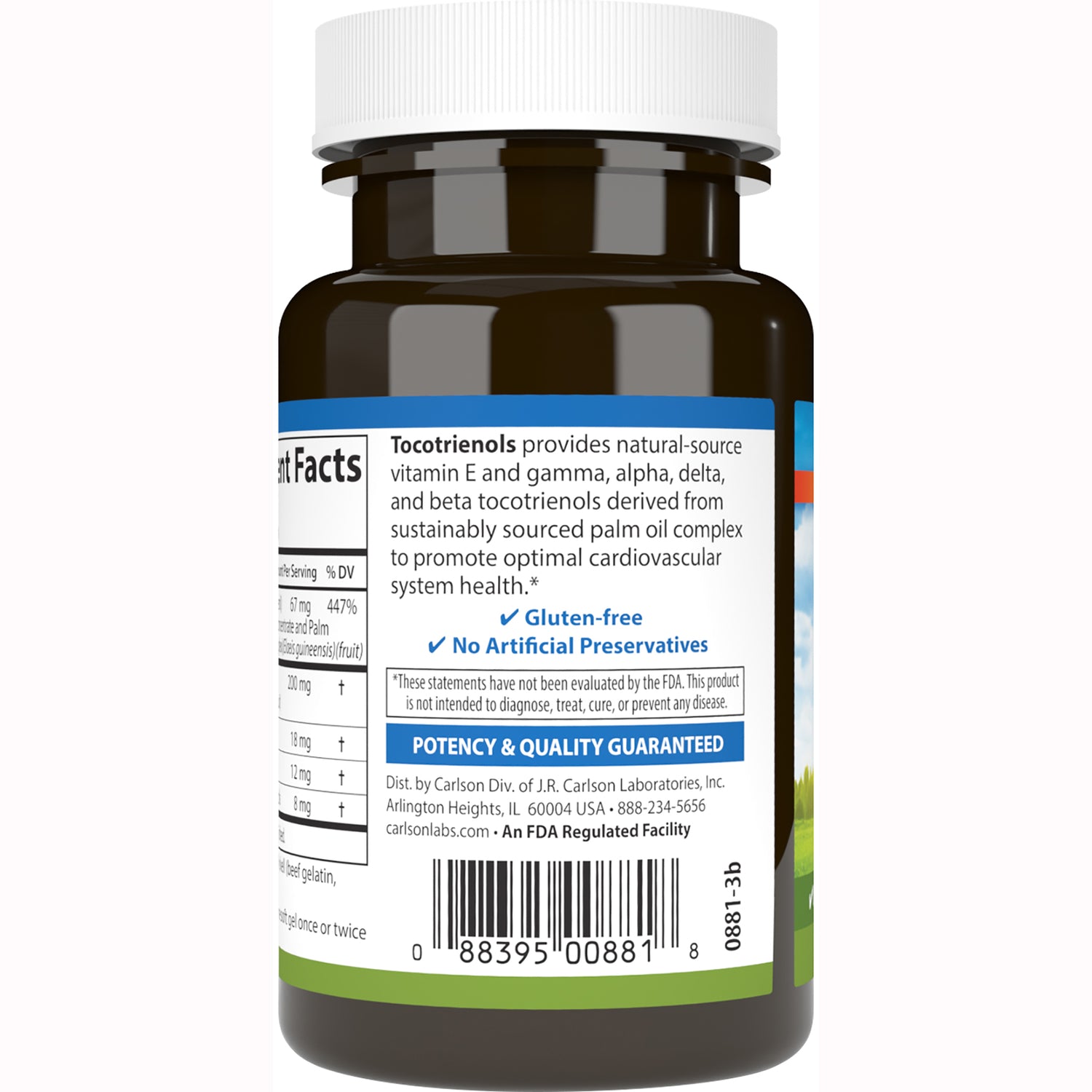 CSN269 | Back label of brown supplement bottle showing Tocotrienols description, gluten-free claims and barcode