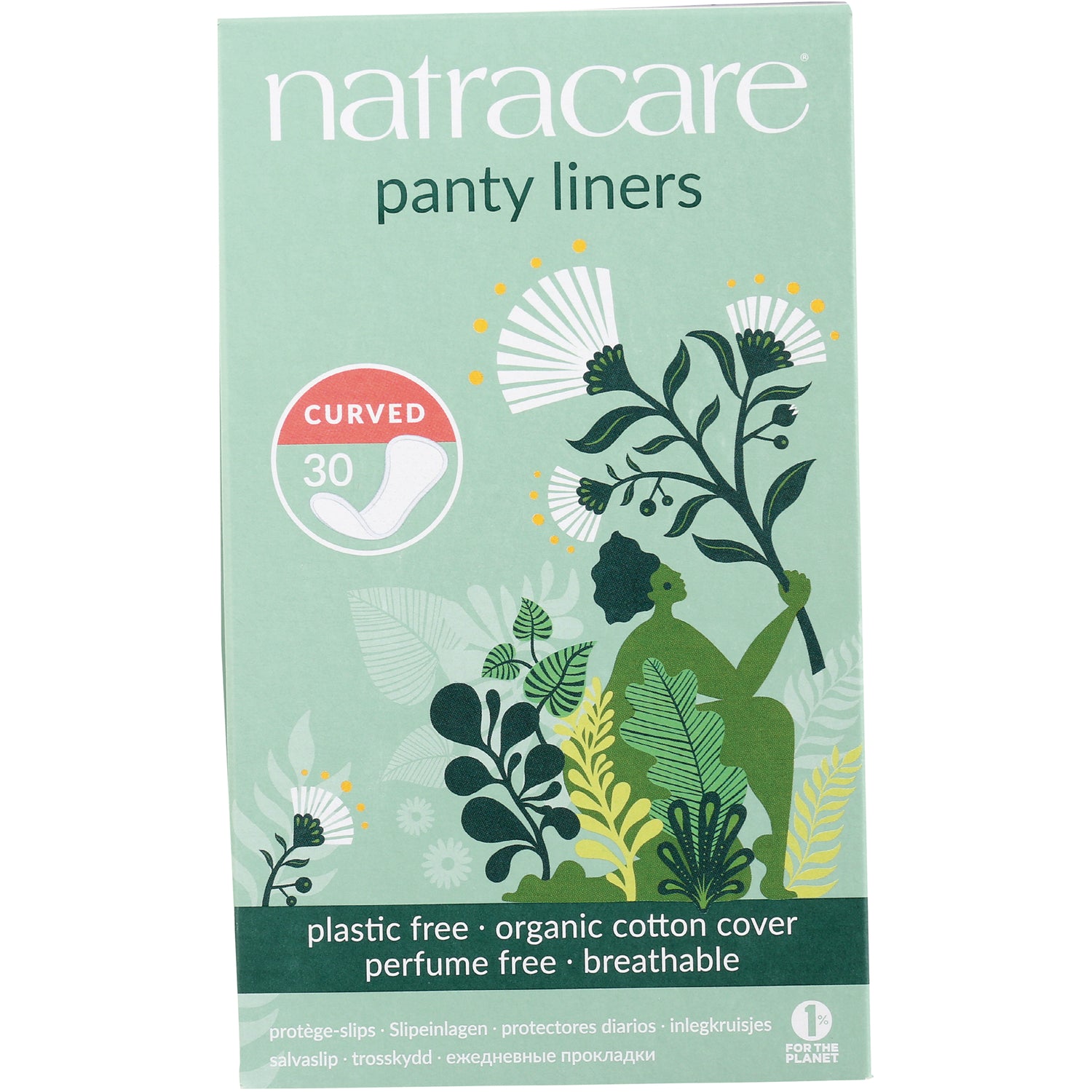 NCR012 | Natracare panty liners box, curved 30 count, plastic free organic cotton cover, perfume free