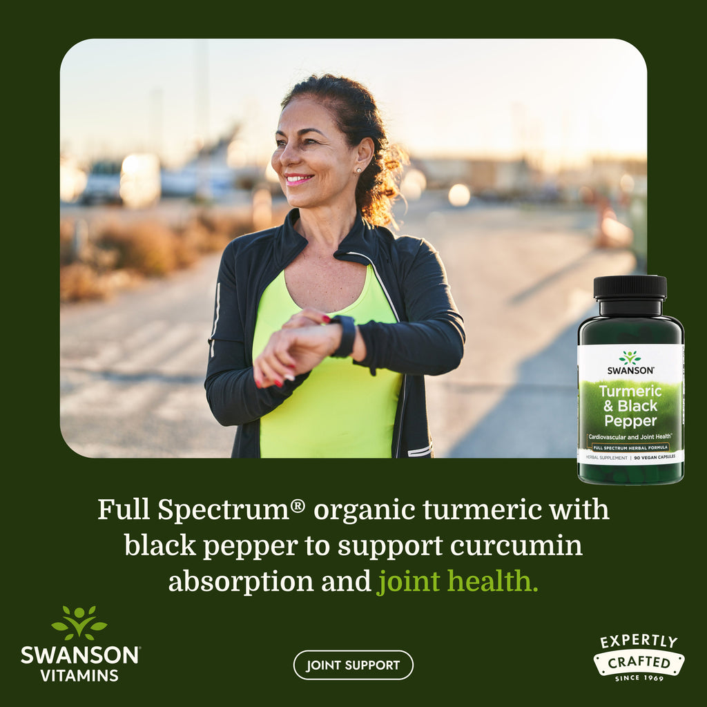 SW1877 | Woman checking her smartwatch outdoors beside Swanson Turmeric & Black Pepper supplement bottle - Thumbnail