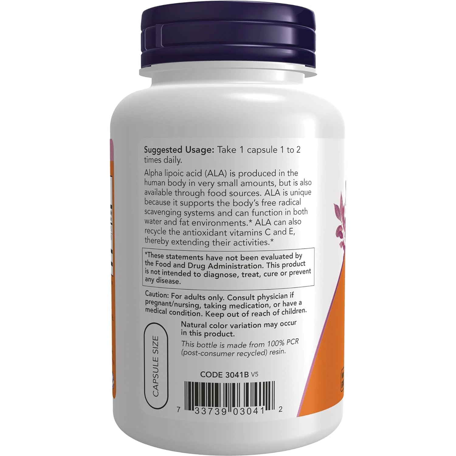 NWF855 | Back label of white supplement bottle showing suggested usage take 1 capsule 1 to 2 times daily caution and barcode