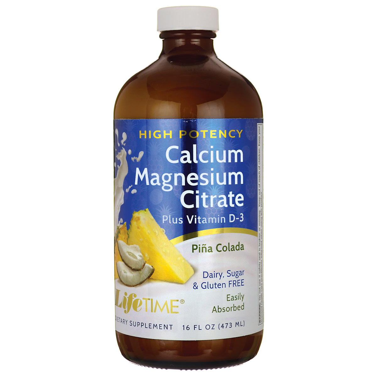 LFT039 | Brown glass bottle of Calcium Magnesium Citrate plus vitamin D-3 Pia Colada flavor, LifeTime 16 fl oz