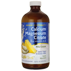 LFT039 | Brown glass bottle of Calcium Magnesium Citrate plus vitamin D-3 Pia Colada flavor, LifeTime 16 fl oz