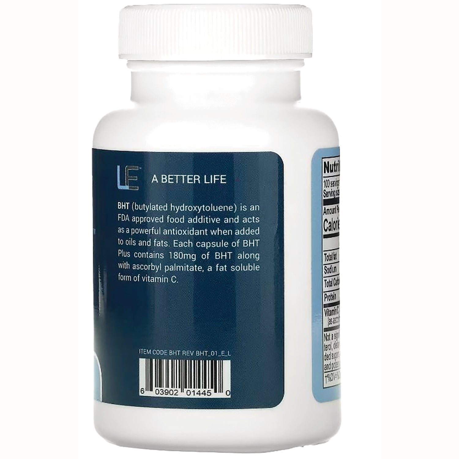 LEN020 | back label of white supplement bottle showing product description, barcode and partial nutrition facts