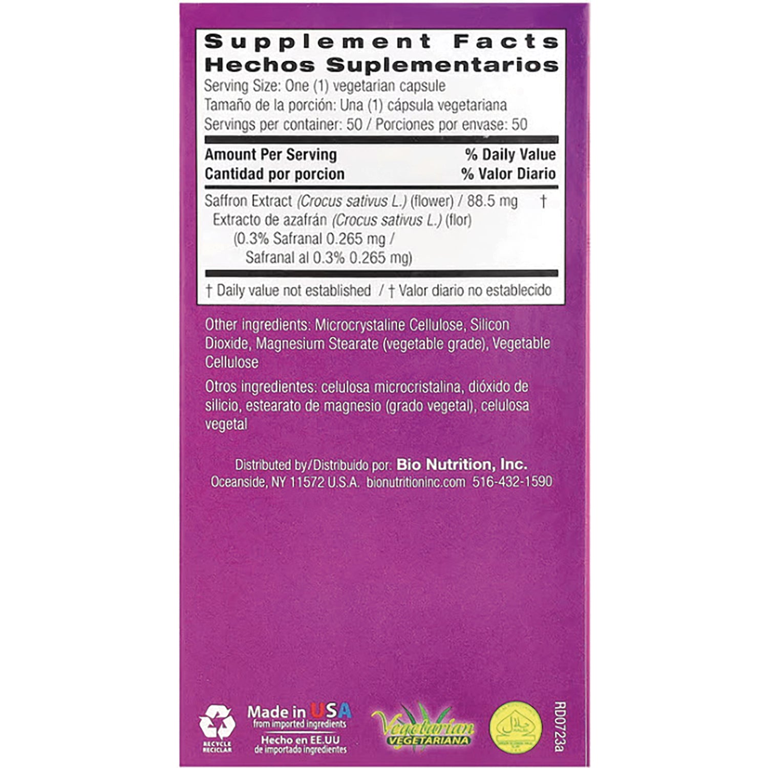 BNN015 | back label of purple supplement box showing Supplement Facts, serving size one vegetarian capsule, saffron extract and other ingredients