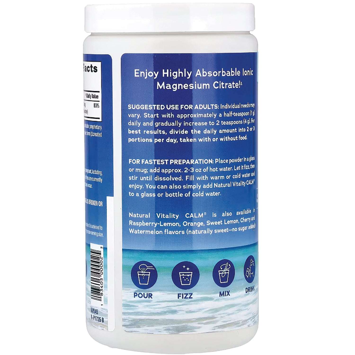 NVT001 | back label of white supplement tub with usage directions and icons labeled POUR FIZZ MIX DRINK