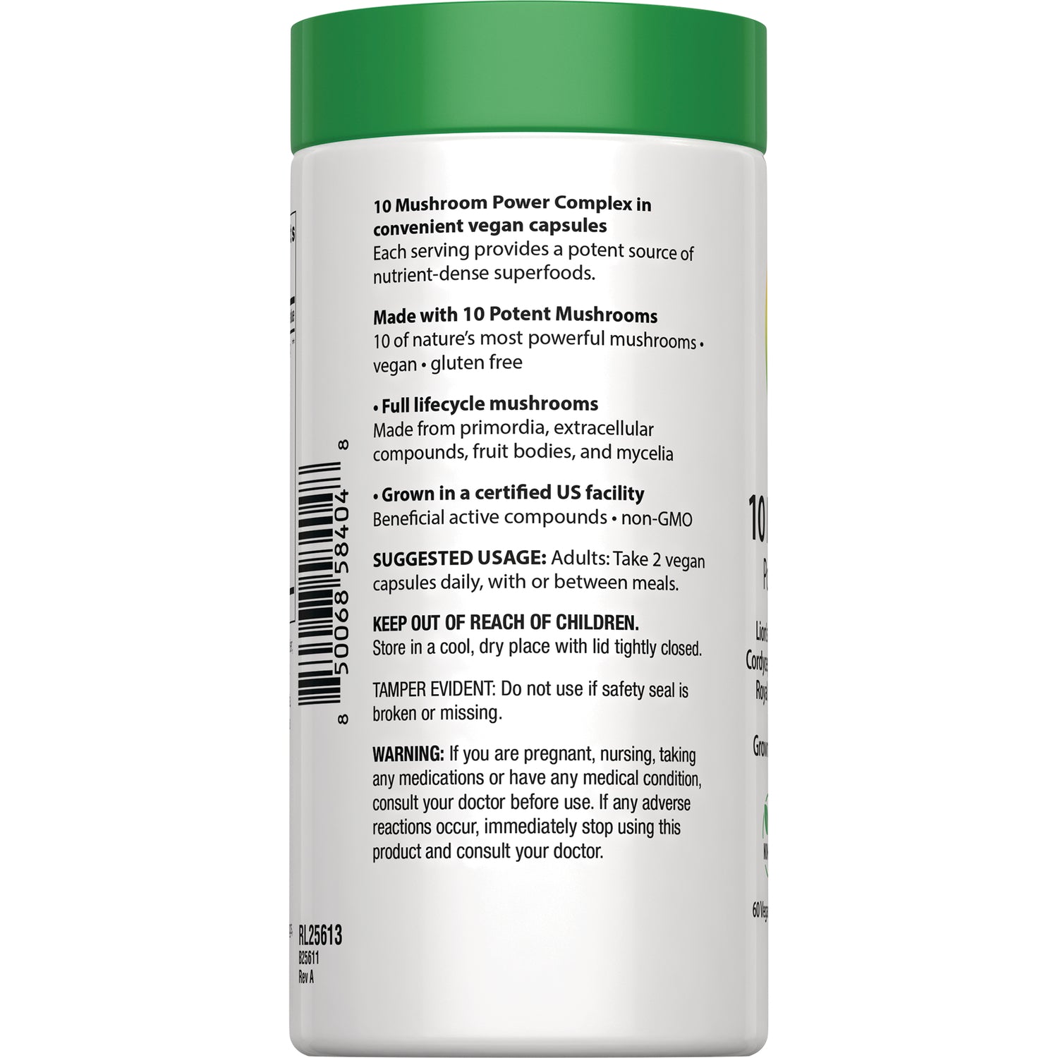 RBL177 | Back label of white supplement bottle showing suggested usage, warnings, barcode, and product claims