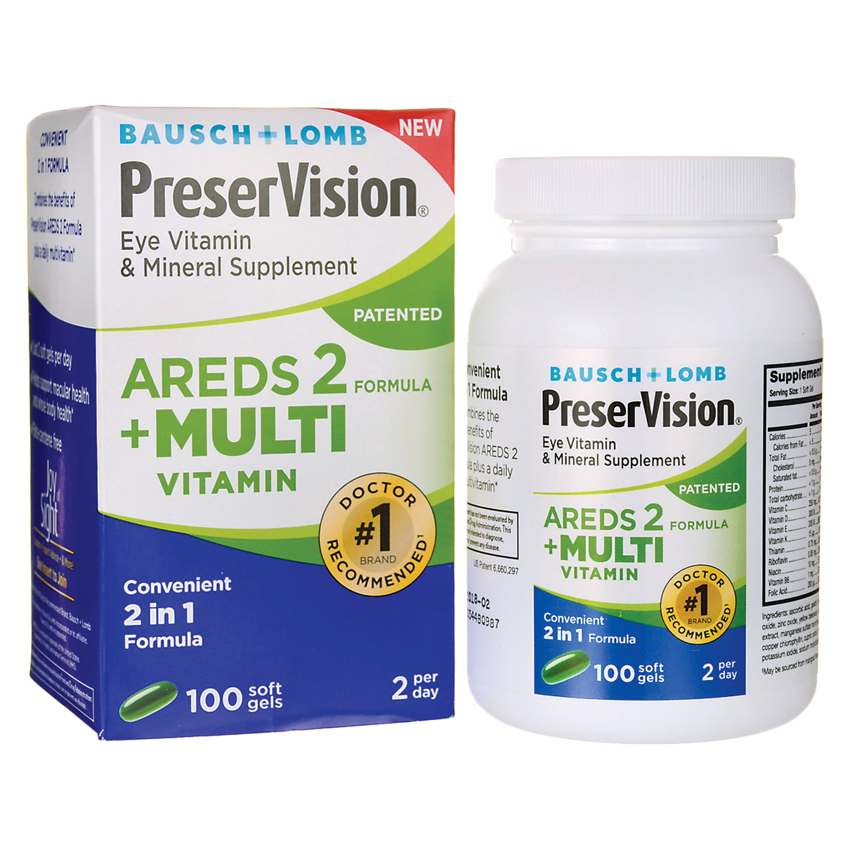 BNL027 | PreserVision AREDS 2 + Multi vitamin box and bottle, 100 soft gels eye vitamin and mineral supplement