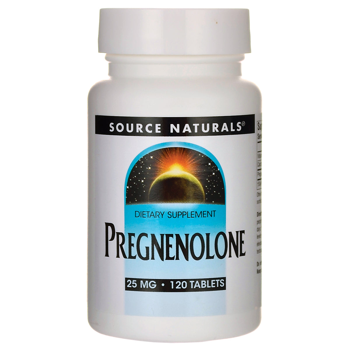 SN901 | Source Naturals Pregnenolone dietary supplement bottle, 25 mg, 120 tablets front label
