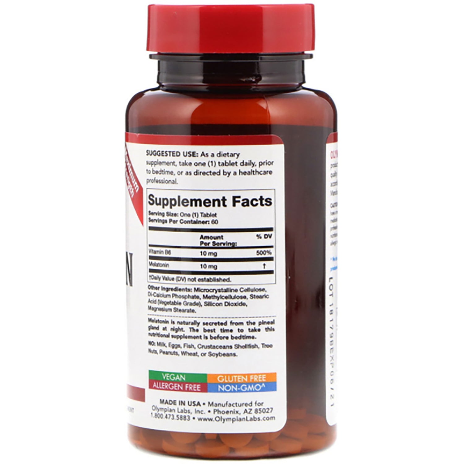 OL121 | Back of brown supplement bottle showing Supplement Facts label, ingredient list, and vegan gluten free non-GMO badges