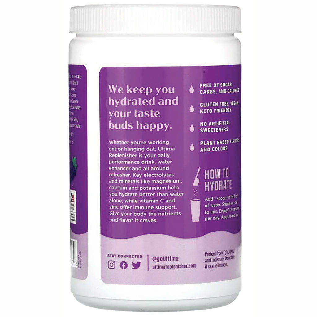 UHP017 | Ultima Replenisher infographic: free of sugar, gluten free vegan, no artificial sweeteners, how to hydrate - Thumbnail