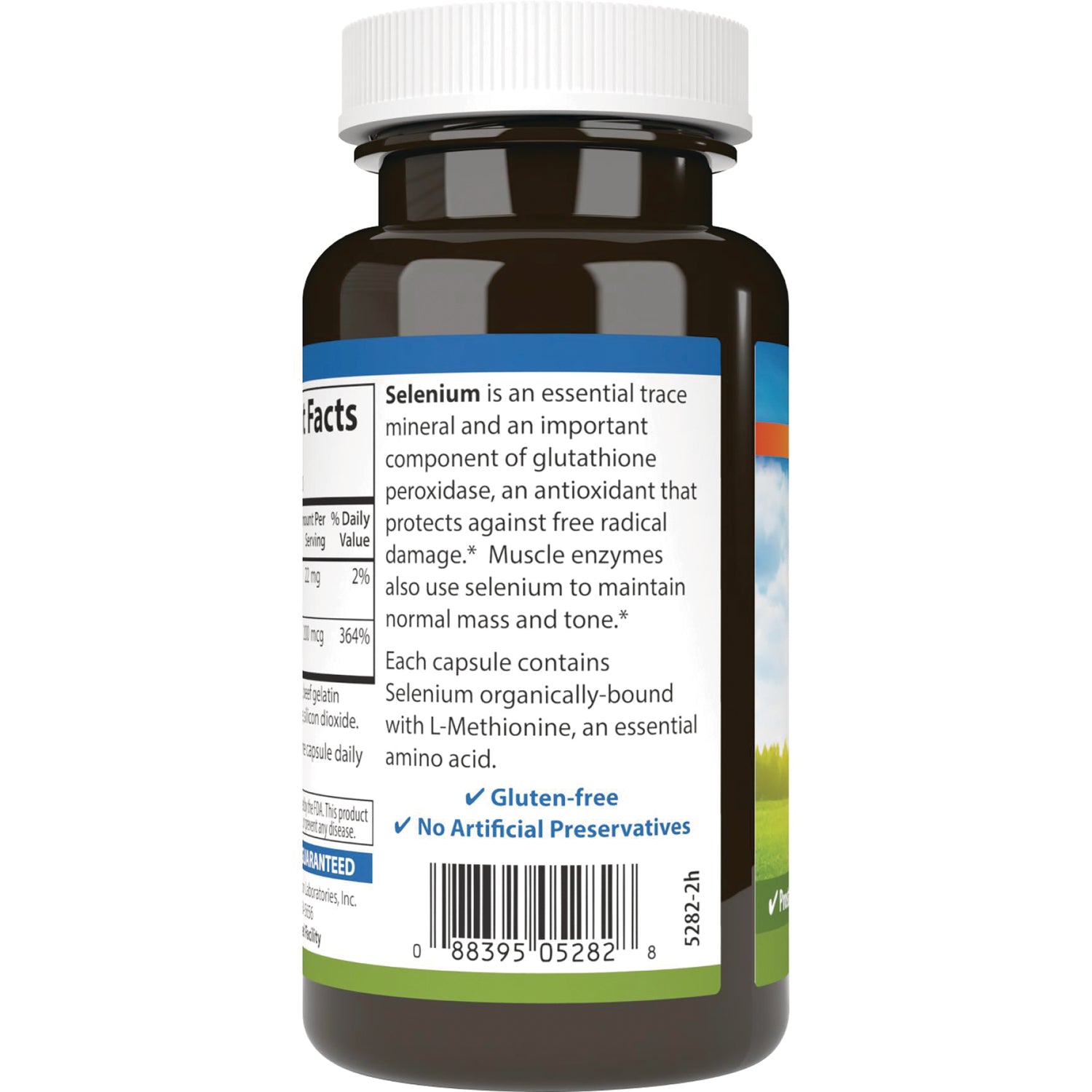 CSN143 | Back label of selenium supplement bottle showing Selenium description, gluten-free claim and barcode