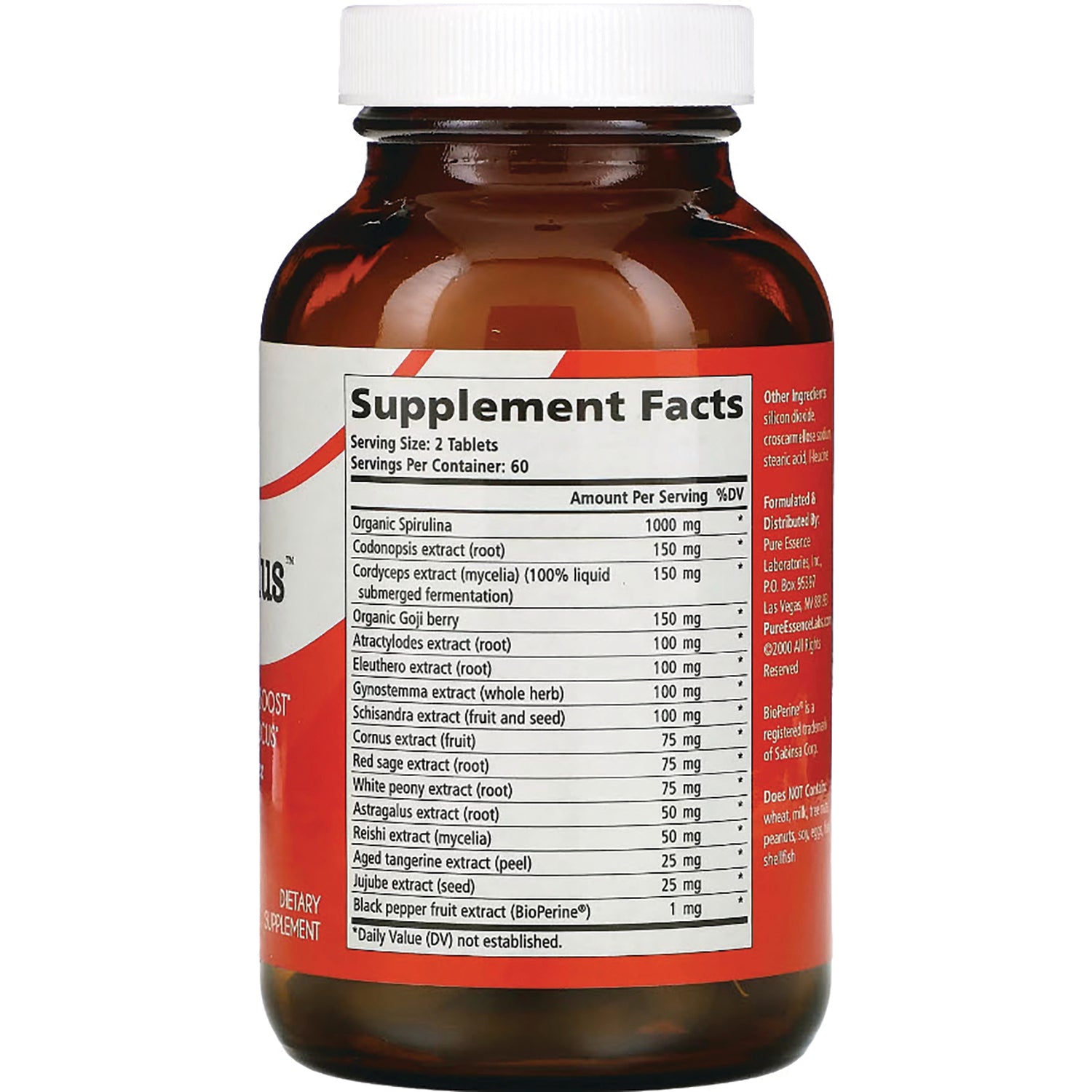 PEL034 | Back of brown supplement bottle showing Supplement Facts label with ingredient list and amounts