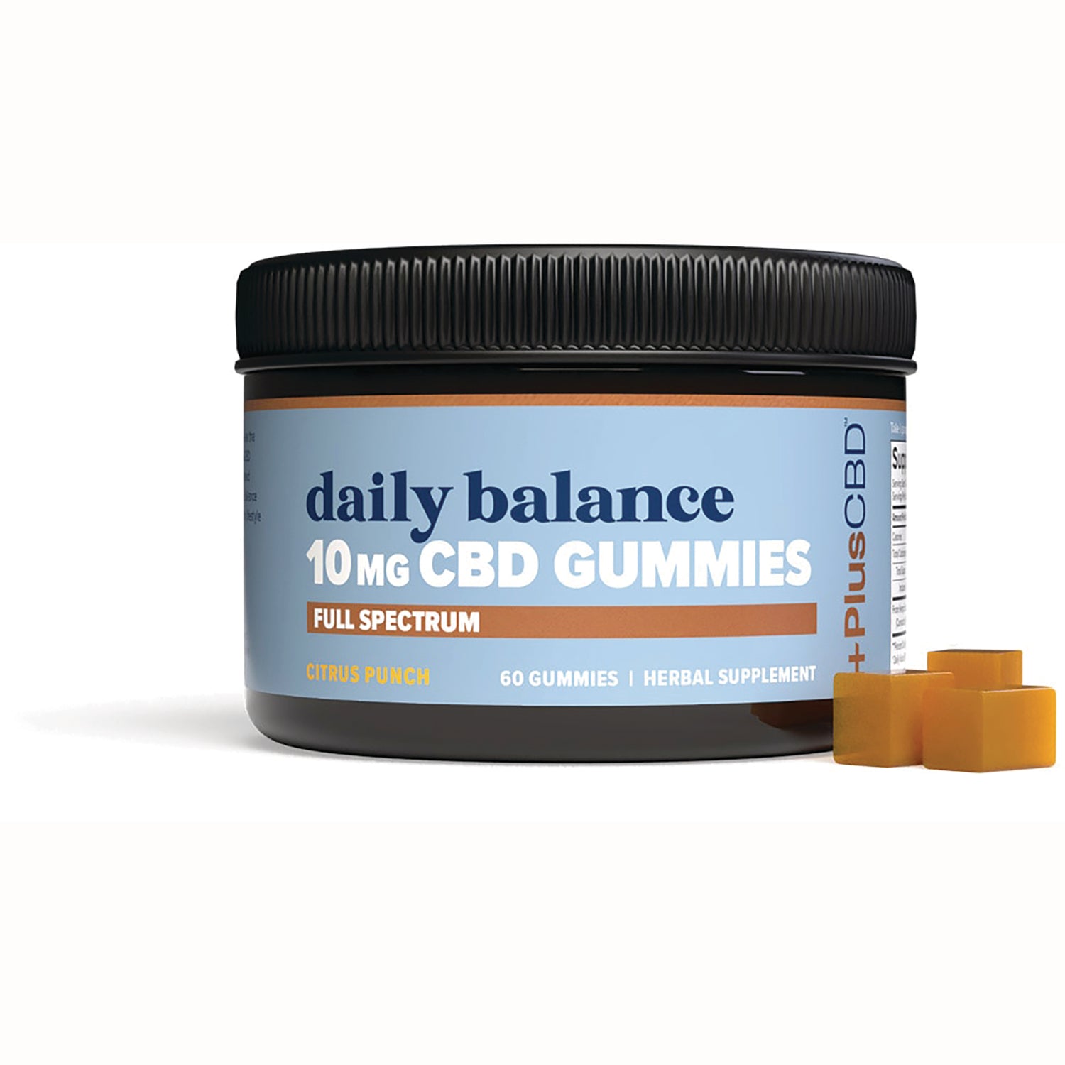 Daily Balance 10 mg CBD gummies full spectrum citrus punch jar with three orange square gummies