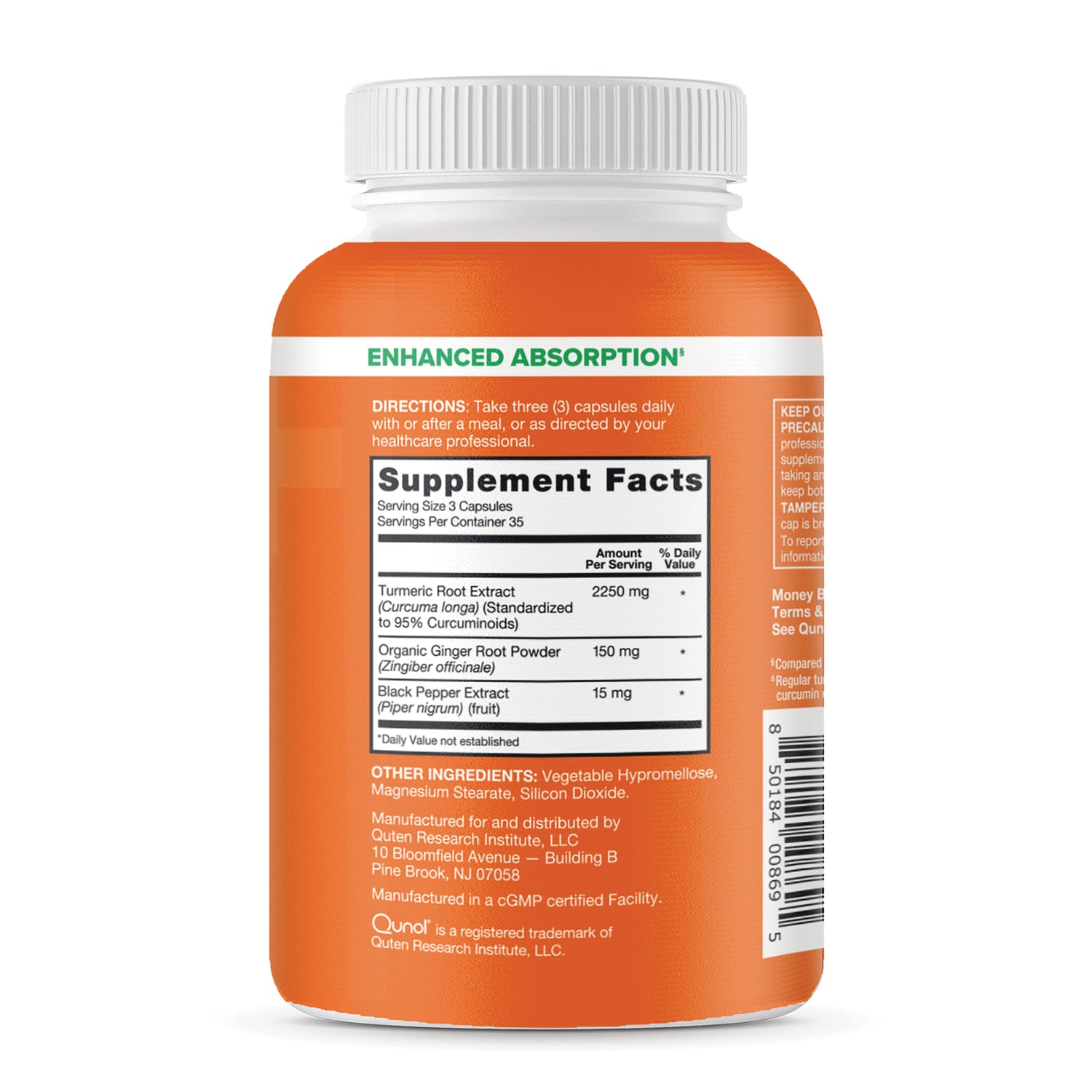 QNL017 | Bottle back label with supplement facts, directions, and ingredients for turmeric, ginger, and black pepper capsules