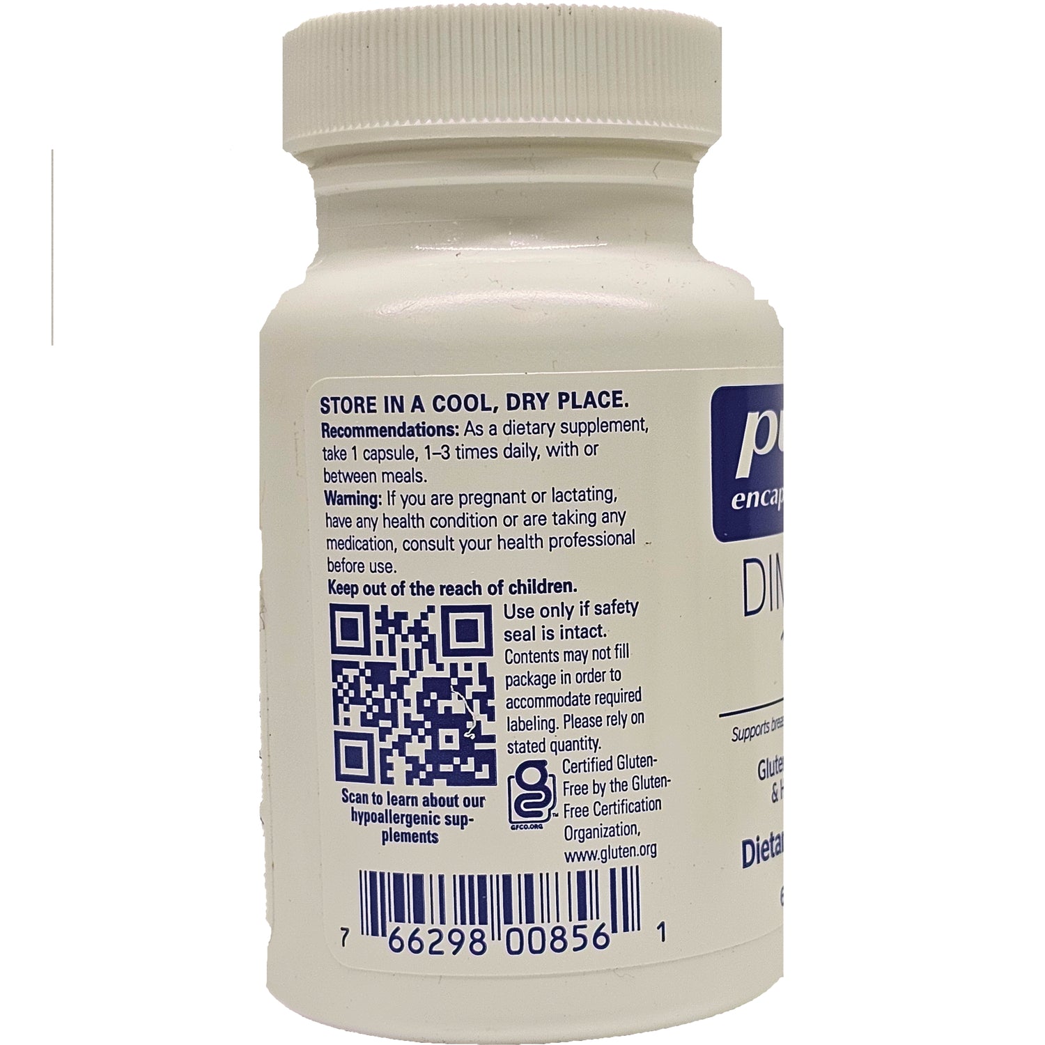 PRN139 | Back of white supplement bottle label with storage instructions, QR code, barcode and warnings