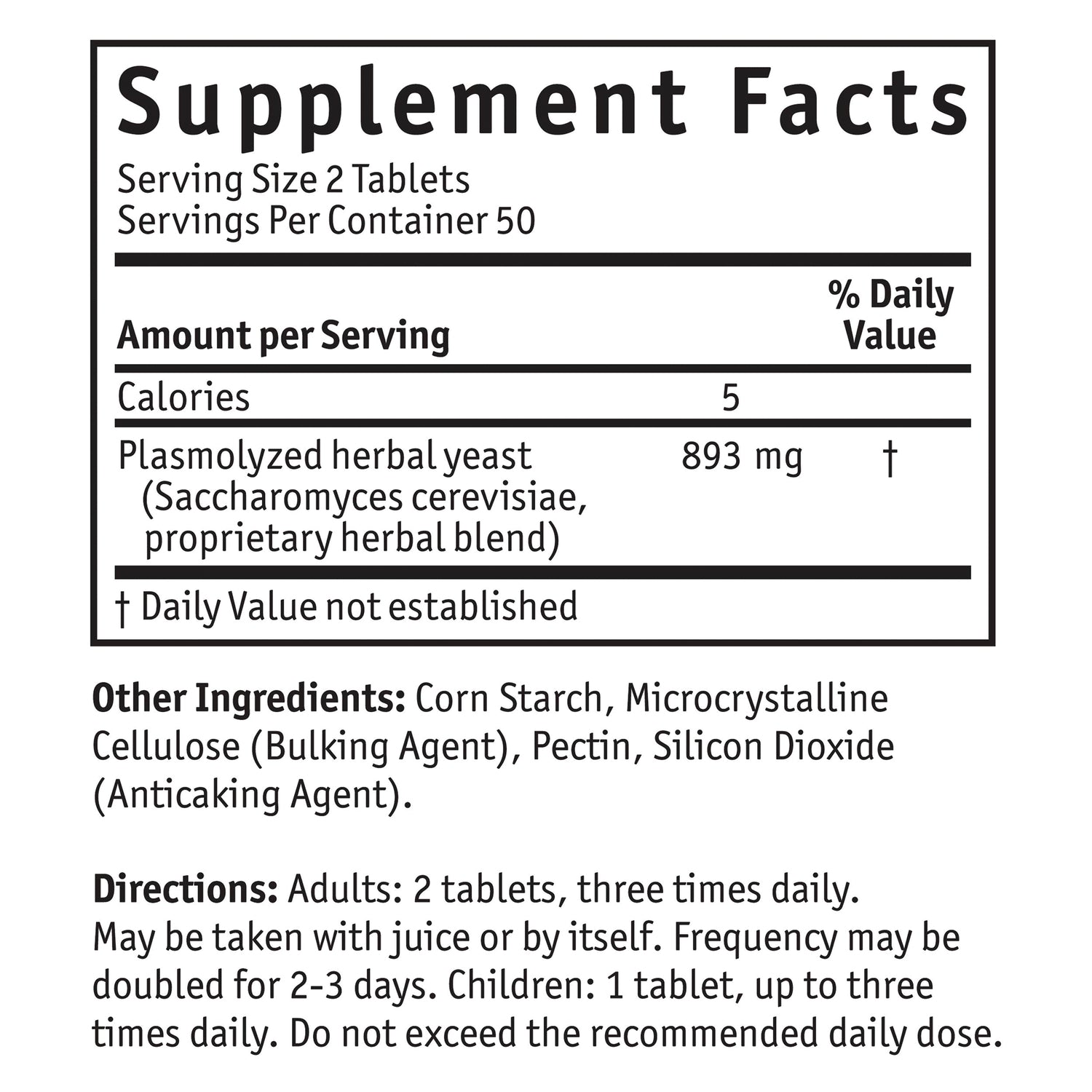 NAT415 | back label with Supplement Facts: Serving Size 2 Tablets, 893 mg plasmolyzed herbal yeast, other ingredients and directions