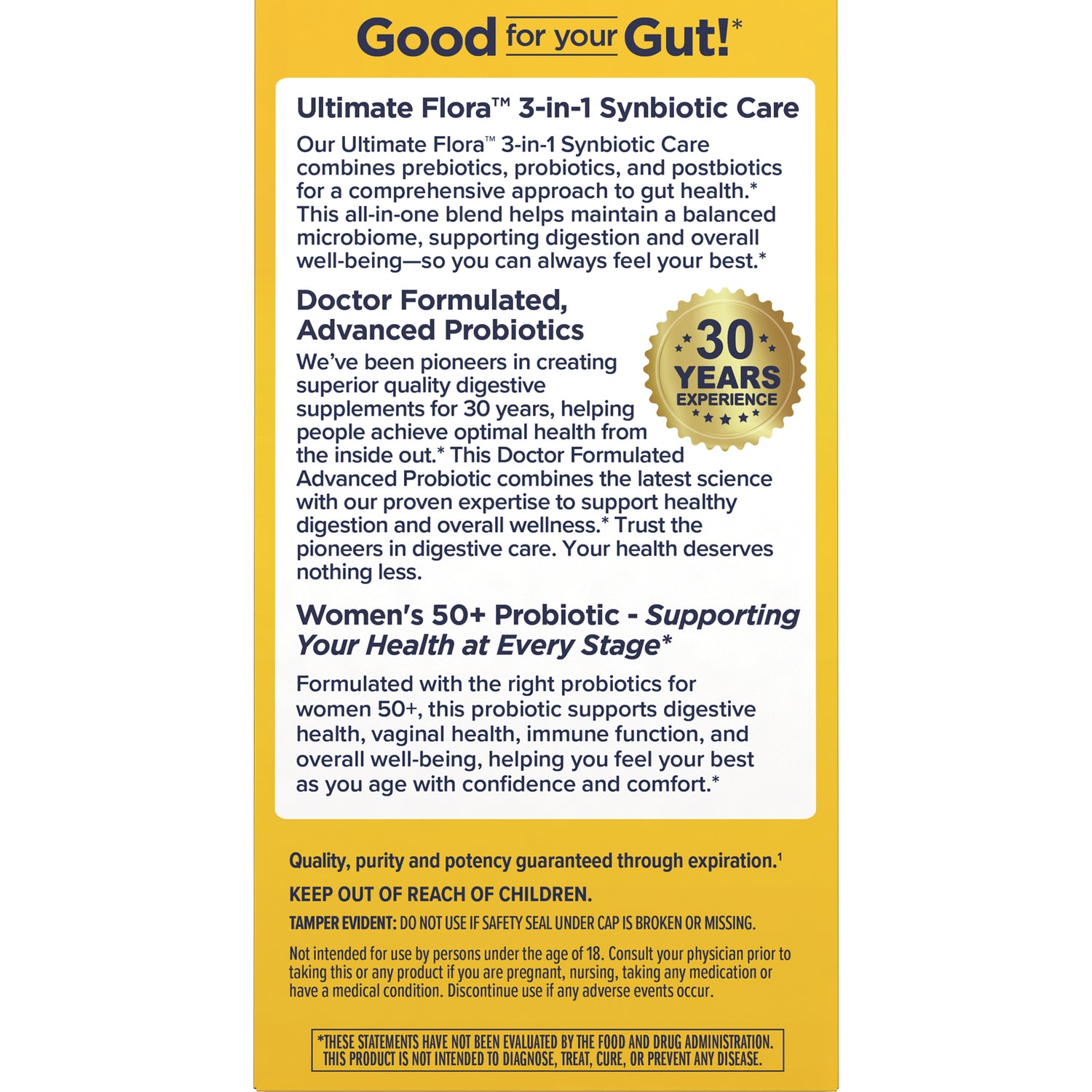 RNL257 | back panel describing Ultimate Flora 3-in-1 synbiotic care, doctor formulated probiotics and safety warnings