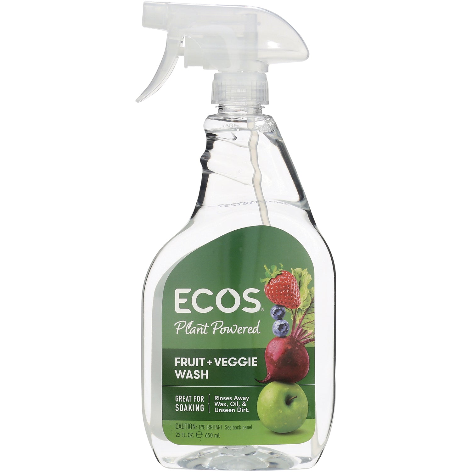 ERF004 | clear spray bottle labeled ECOS Plant Powered Fruit + Veggie Wash with apple, beet, strawberry and blueberries illustration