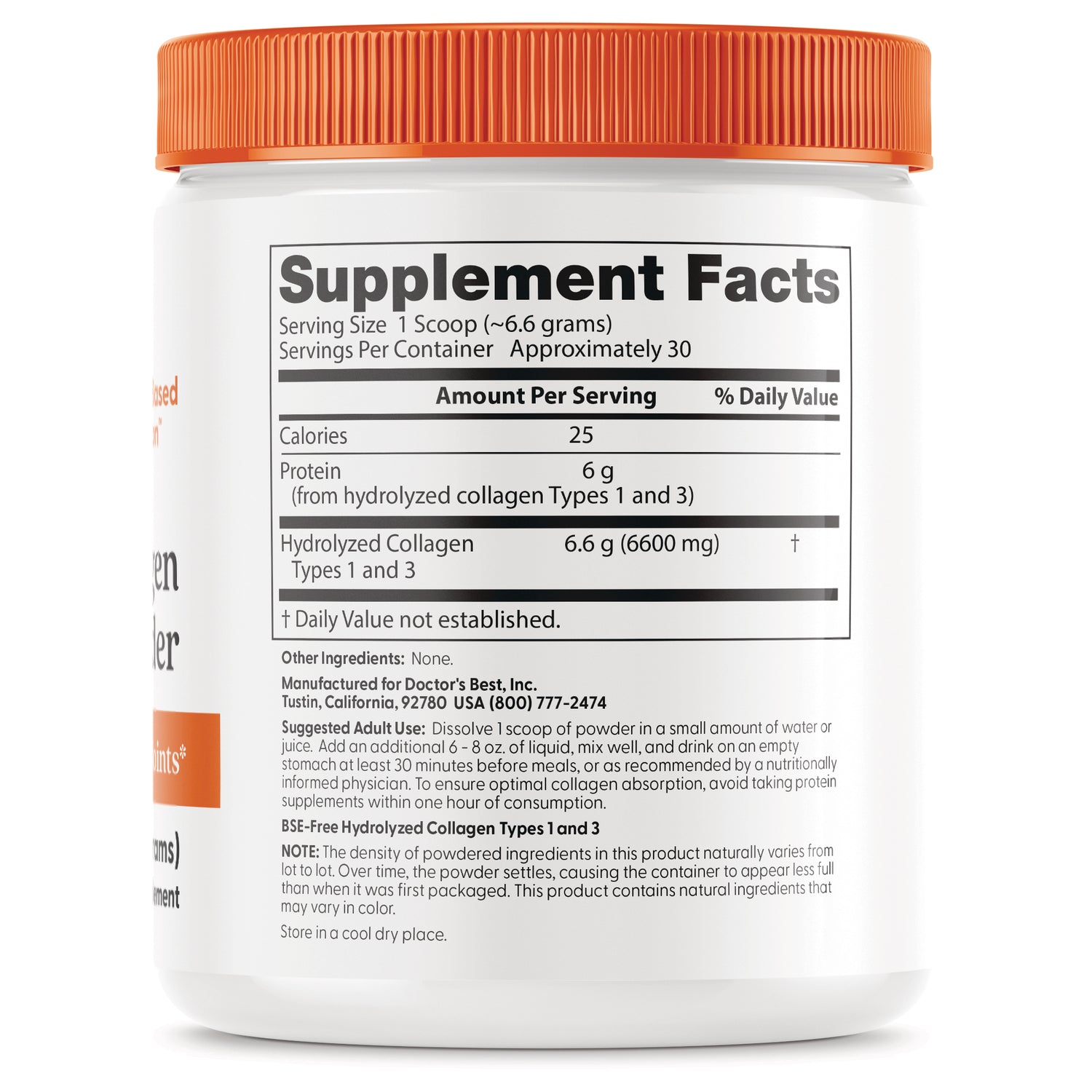 DB128 | Back label showing Supplement Facts with serving size 1 scoop (~6.6 grams) and hydrolyzed collagen 6.6 g