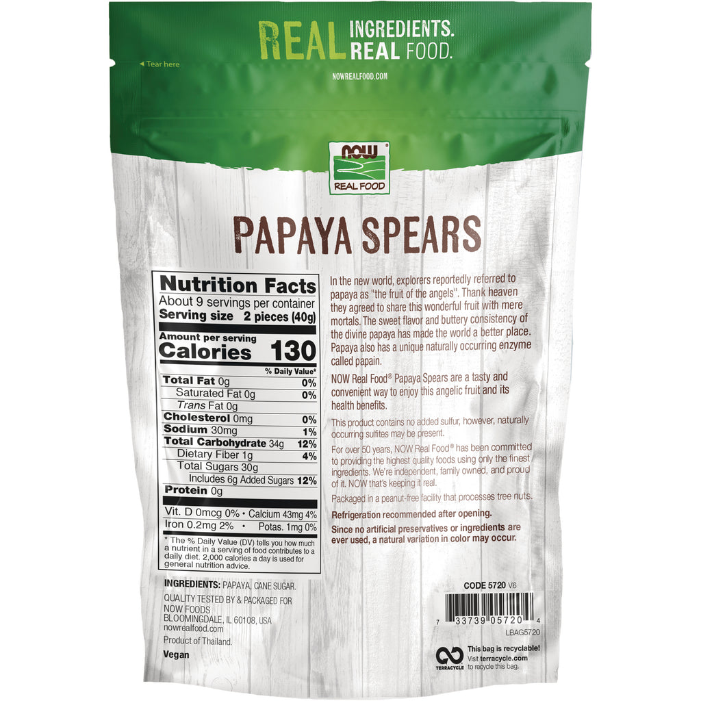 NWF1026 | Back of Papaya Spears bag showing nutrition facts panel, ingredients, barcode, and product description - Thumbnail