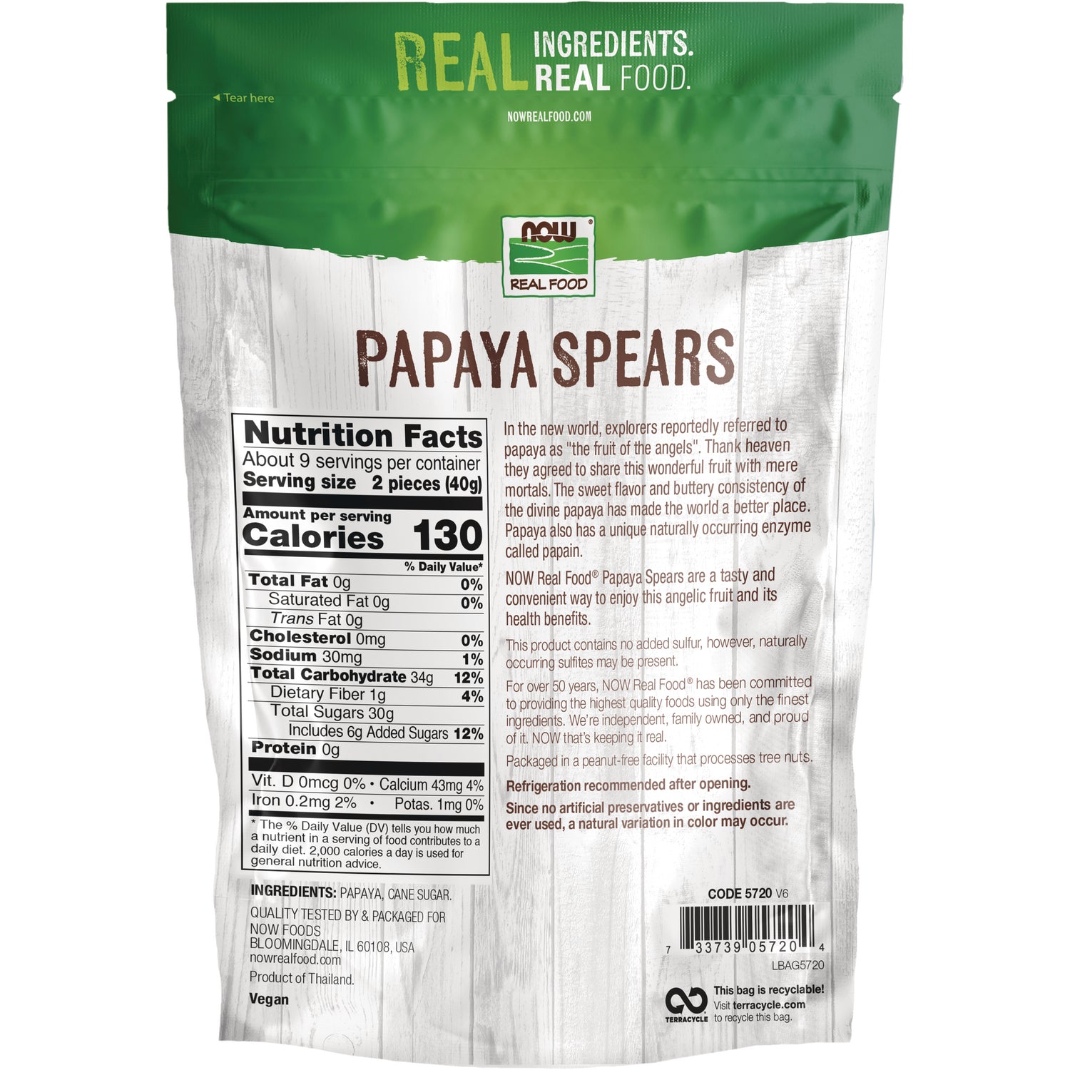 NWF1026 | Back of Papaya Spears bag showing nutrition facts panel, ingredients, barcode, and product description
