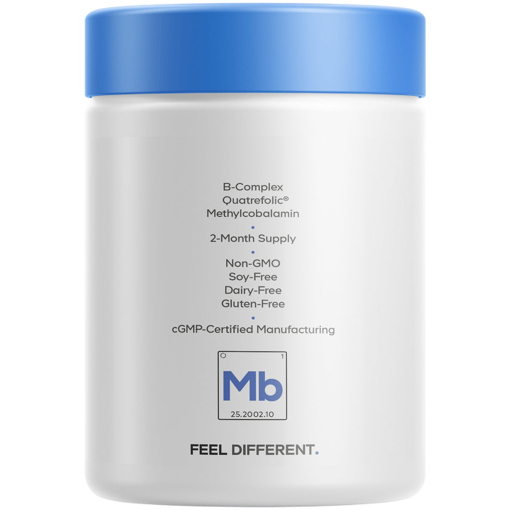 CDG030 | Back label of white supplement jar listing B-Complex, Quatrefolic, Methylcobalamin, 2-month supply, Non-GMO, soy-free - Thumbnail