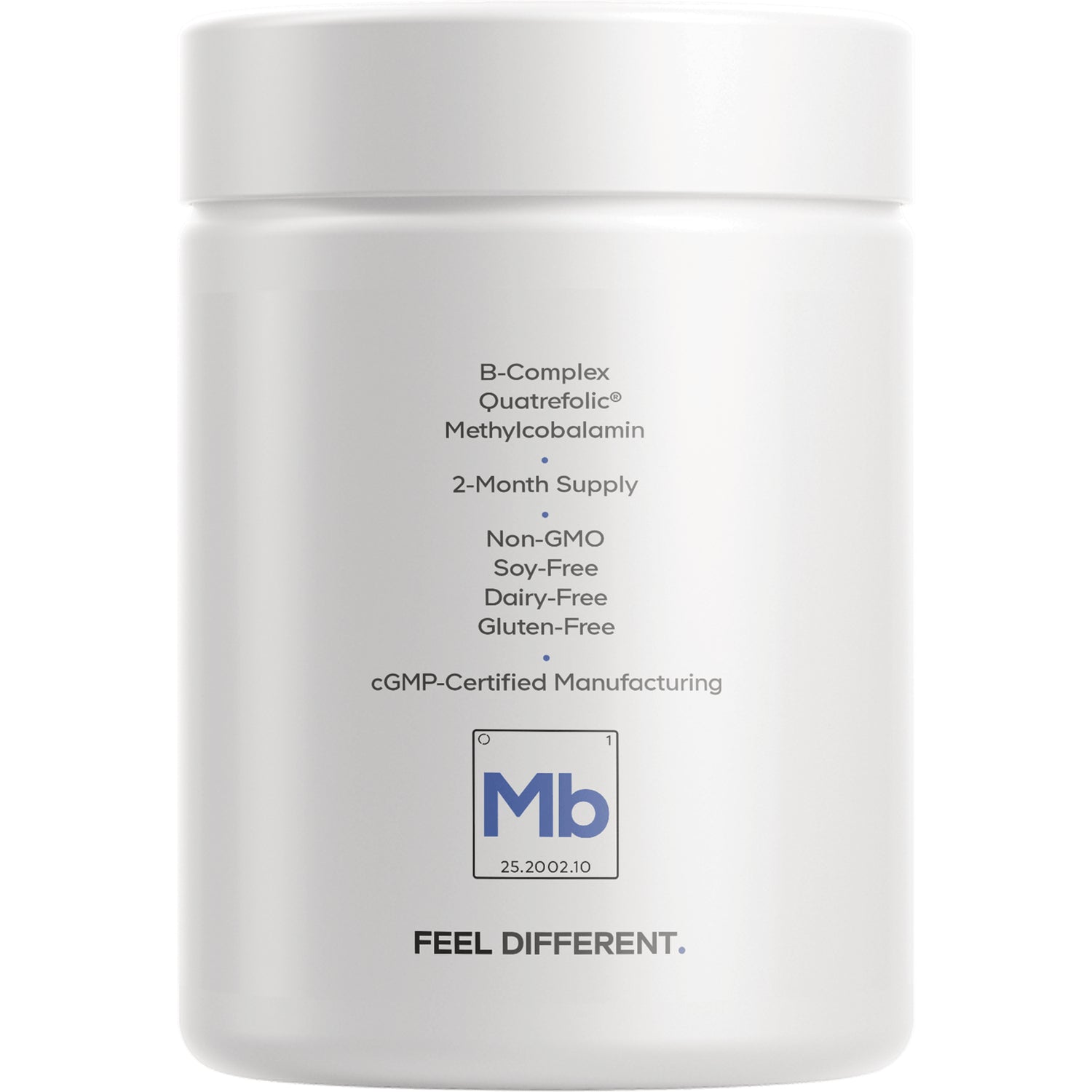 CDG030 | Back label of white supplement jar listing B-Complex, Quatrefolic, Methylcobalamin, 2-month supply, Non-GMO, soy-free