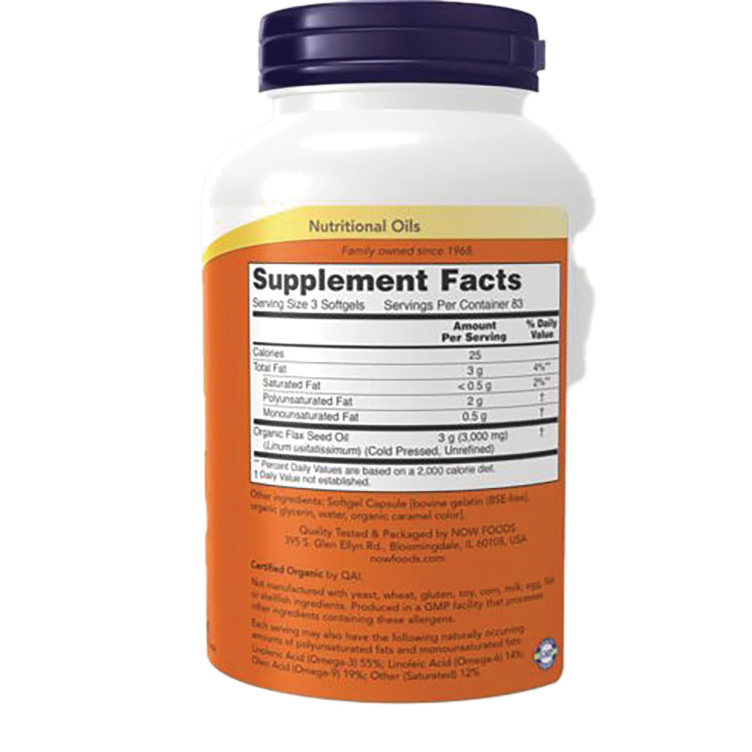 NWF884 | Back label with Supplement Facts panel for organic flax seed oil, serving size 3 softgels