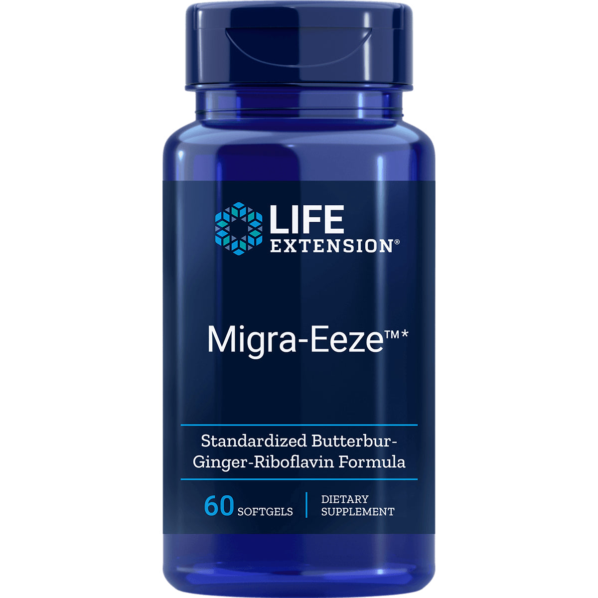 LE306 | Blue Life Extension Migra-Eeze supplement bottle with standardized butterbur-ginger-riboflavin formula, 60 softgels