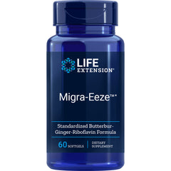 LE306 | Blue Life Extension Migra-Eeze supplement bottle with standardized butterbur-ginger-riboflavin formula, 60 softgels