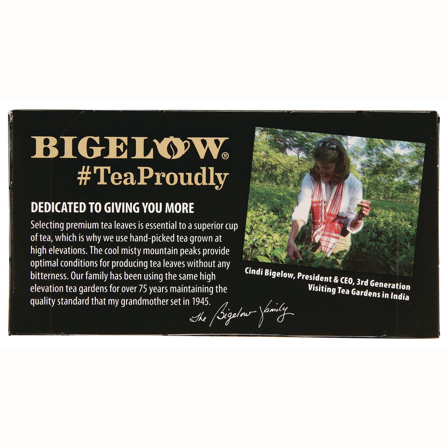 BGT015 | Bigelow tea product infographic showing #TeaProudly header, dedication text, and photo of a woman picking tea in a garden