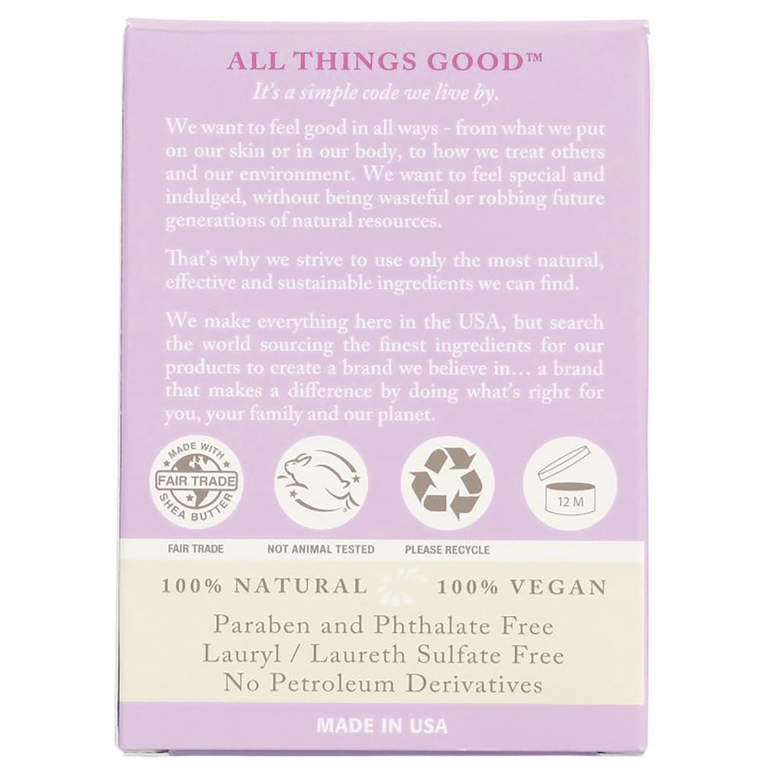 DRW018 | Back of pink product box showing brand message, ingredient claims and icons for fair trade, not animal tested, recycle, 12M