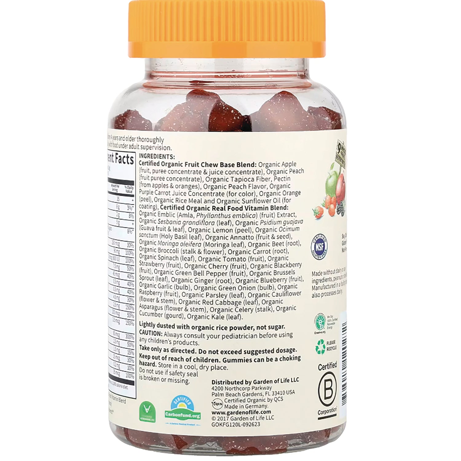 GLF234 | Back of gummy bottle showing ingredient list, nutrition facts panel, and certification icons