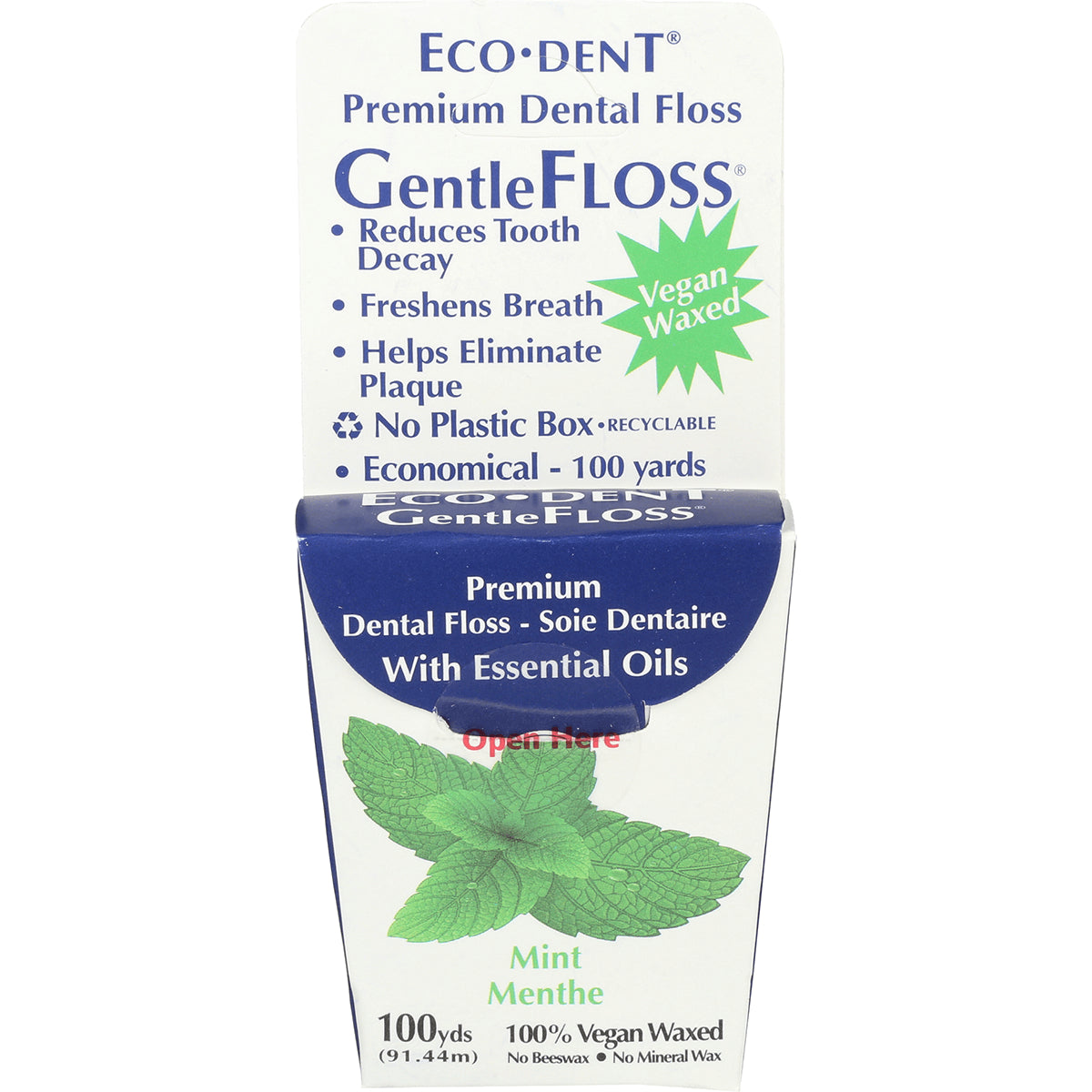 ECD008 | Eco-Dent GentleFLOSS mint dental floss box showing mint leaves and 100 yds 100% Vegan Waxed
