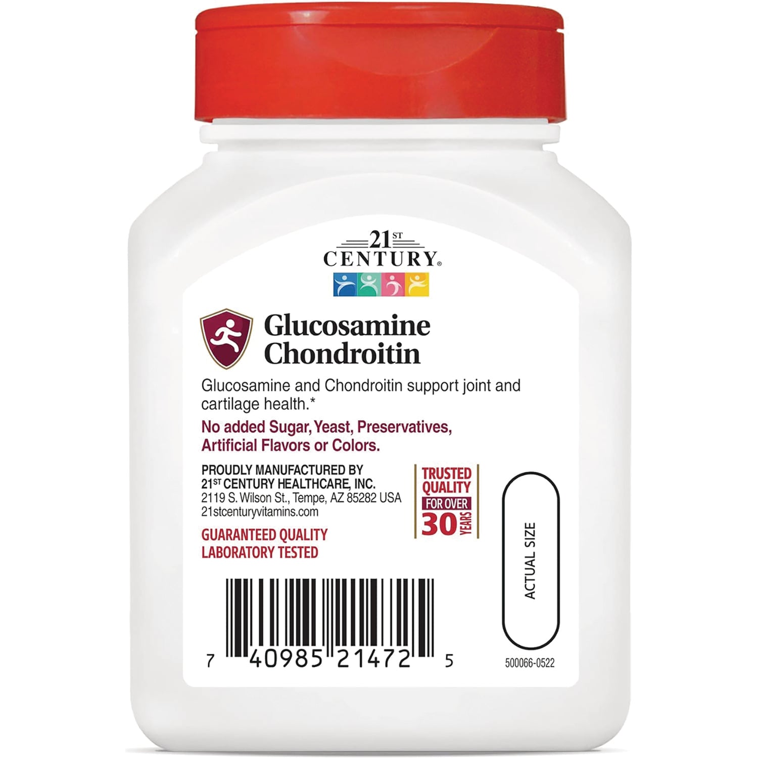 CNT060 | 21st Century Glucosamine Chondroitin bottle label showing product name, claims no added sugar, guaranteed quality and barcode