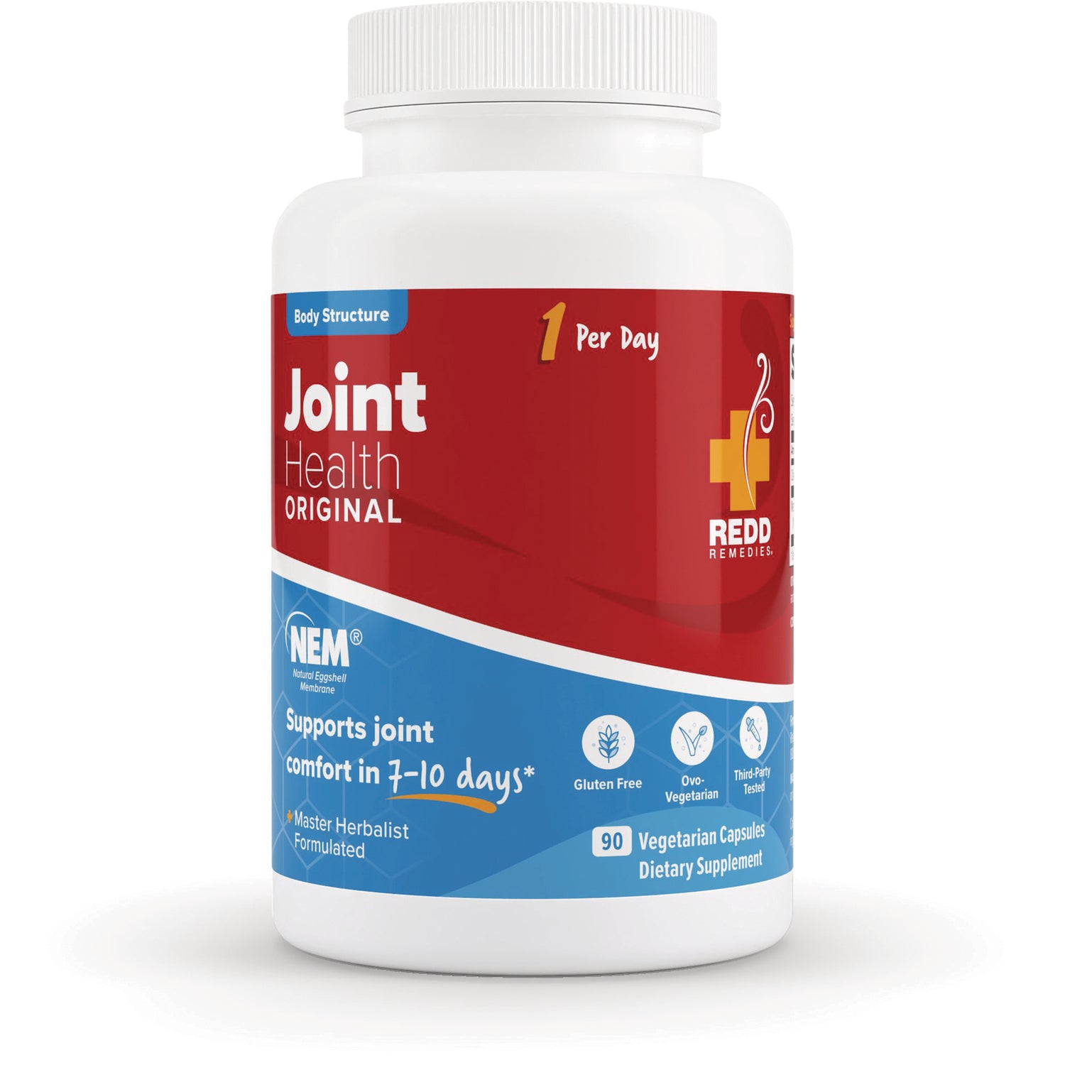MEM001 | White supplement bottle labeled Joint Health ORIGINAL and NEM, supports joint comfort in 7-10 days, 90 vegetarian capsules