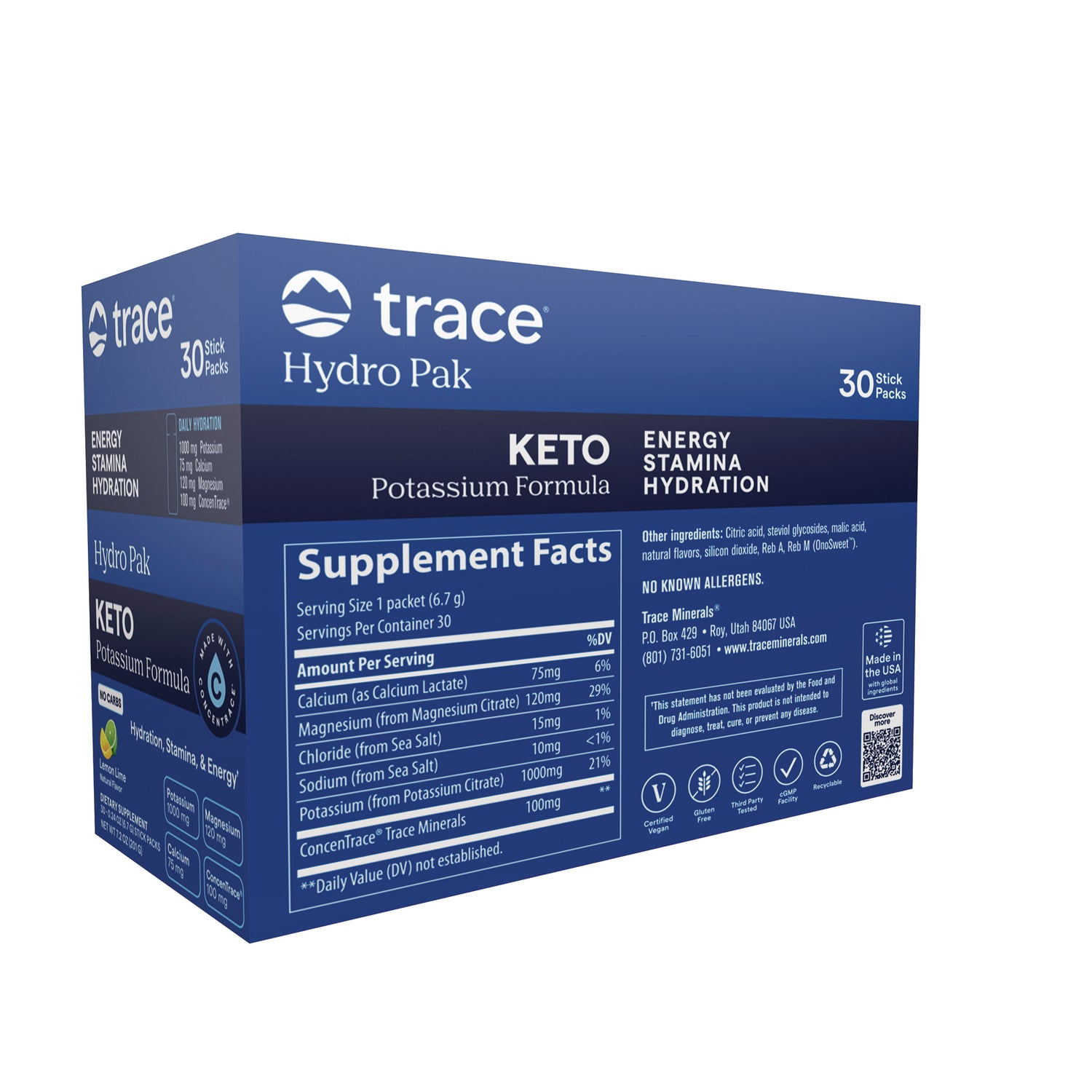 TM174 | Trace Hydro Pak Keto potassium formula box with Supplement Facts and 30 stick packs