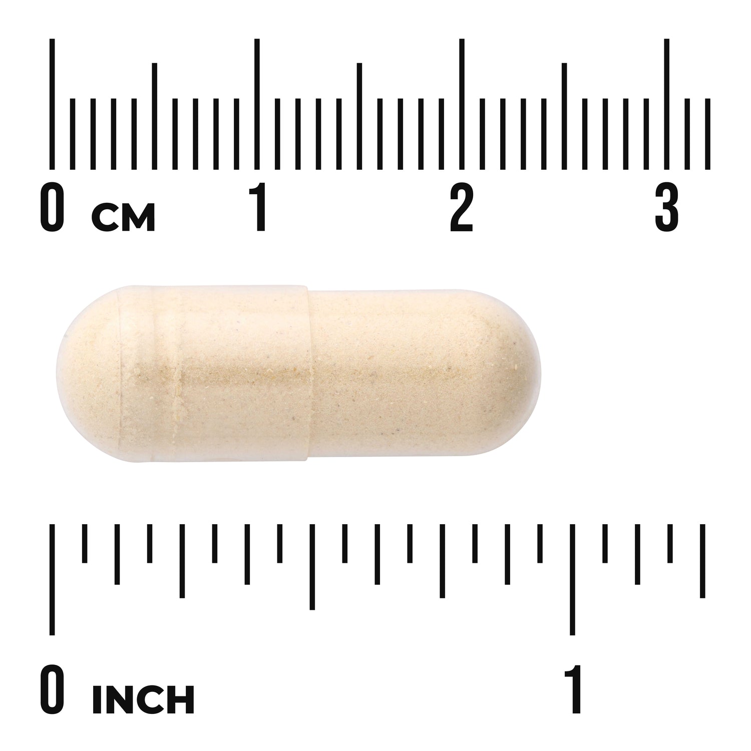 SWP013 | Beige capsule photographed with centimeter and inch rulers to show actual size
