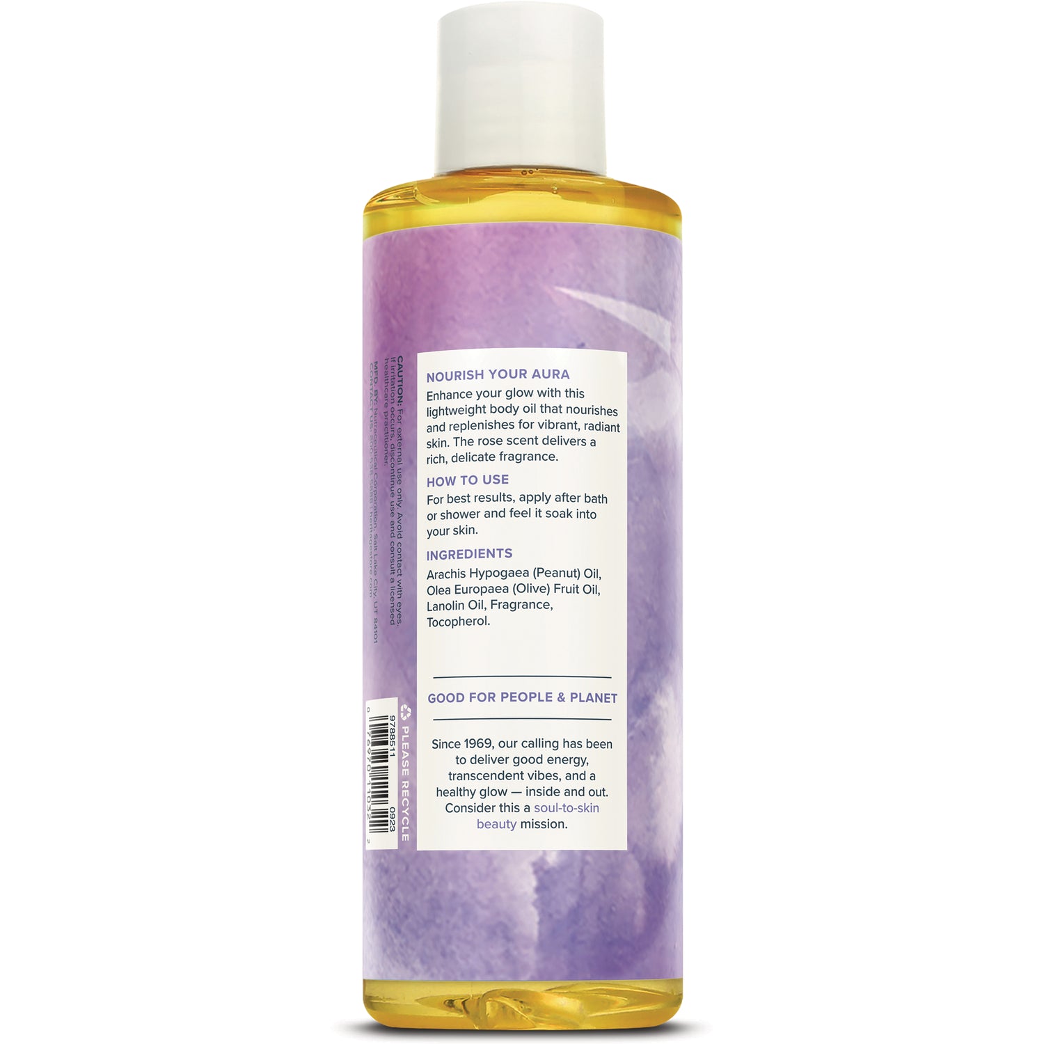 HTG004 | Back label of purple body oil bottle showing directions, ingredients and recycling barcode