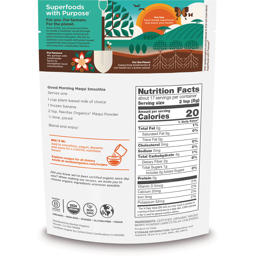 NAV034 | Back of powder pouch showing Nutrition Facts panel, recipe and organic and non-GMO certification icons - Thumbnail