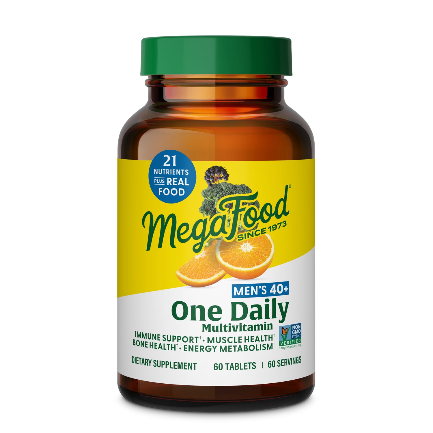 MGF033 | MegaFood One Daily Men's 40+ multivitamin bottle with orange and yellow label, 60 tablets