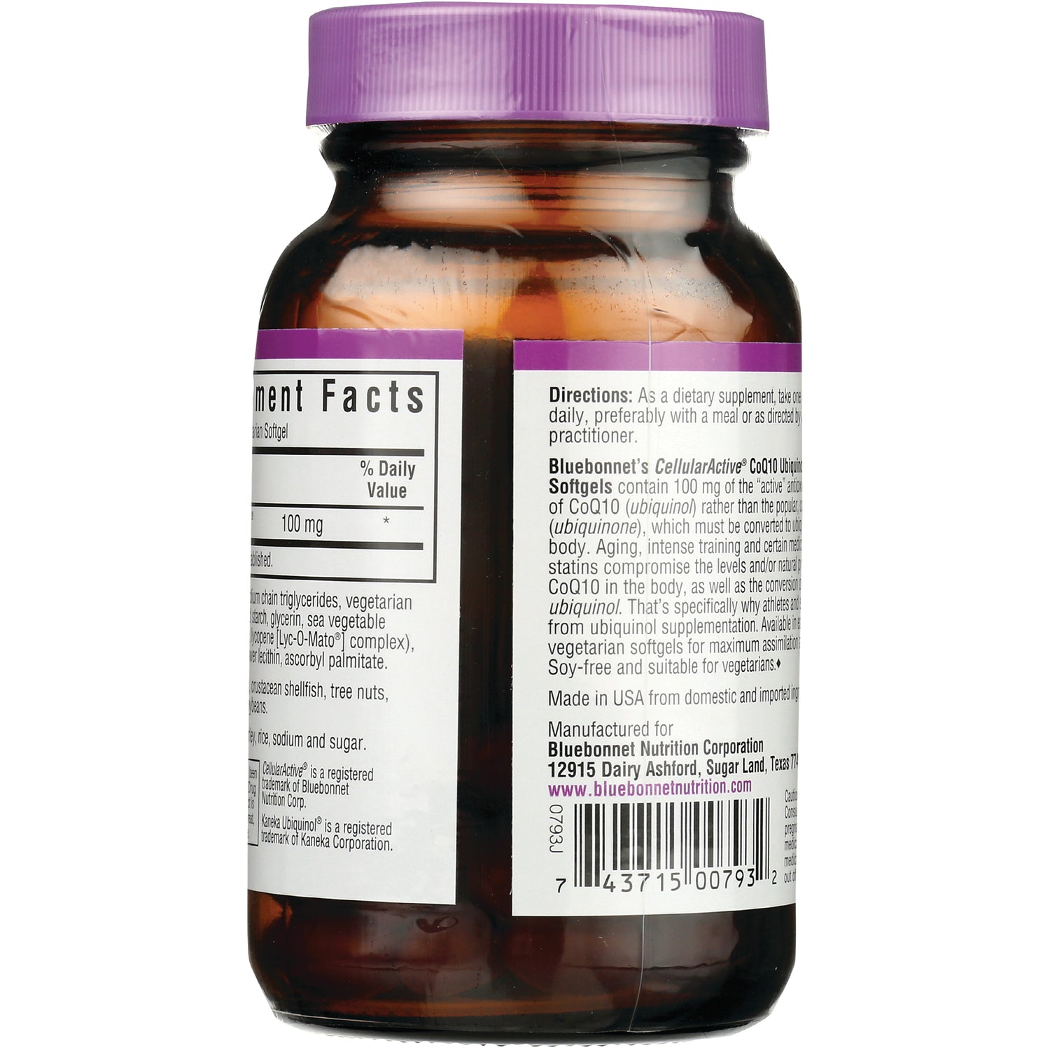 BLU063 | Back of brown supplement bottle showing directions, ingredient panel and barcode with purple cap