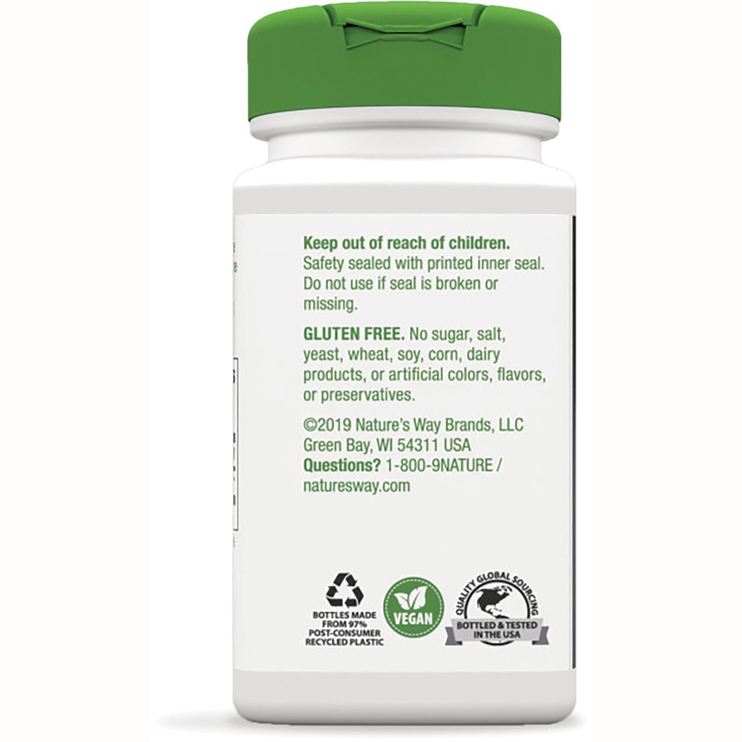 NW156 | Back label of white supplement bottle showing warnings, gluten free statement, contact info, and vegan and recycling icons
