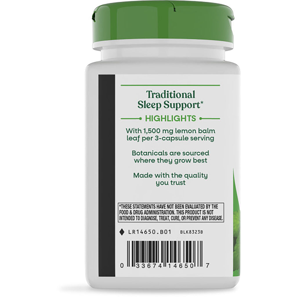 NW918 | Back of white supplement bottle with green cap showing Traditional Sleep Aid label text, paragraph description and barcode - Thumbnail