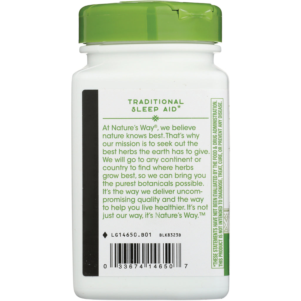 NW918 | Back of white supplement bottle with green cap showing Traditional Sleep Aid label text, paragraph description and barcode - Thumbnail