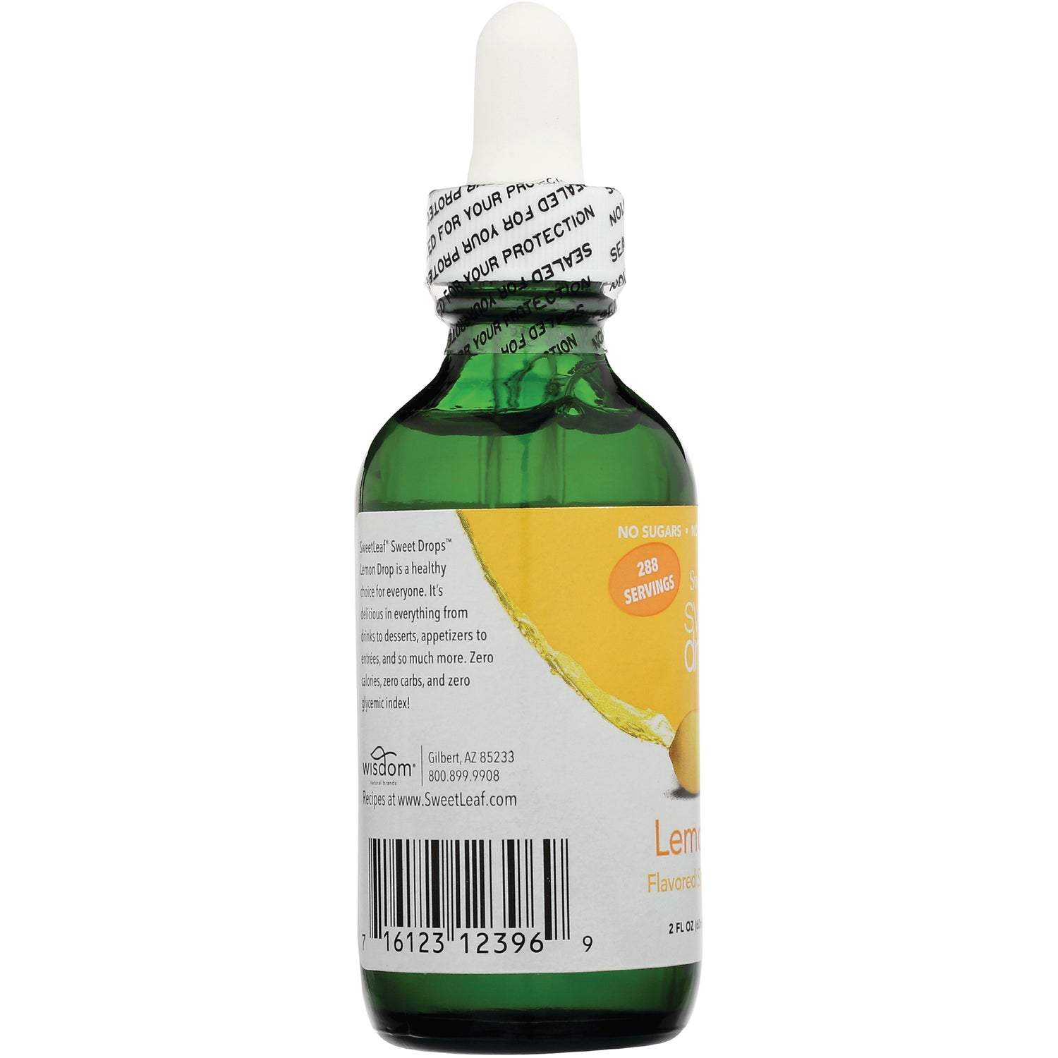 WA036 | Back of lemon flavor drops green dropper bottle with barcode; 'Sealed For Your Protection' on cap