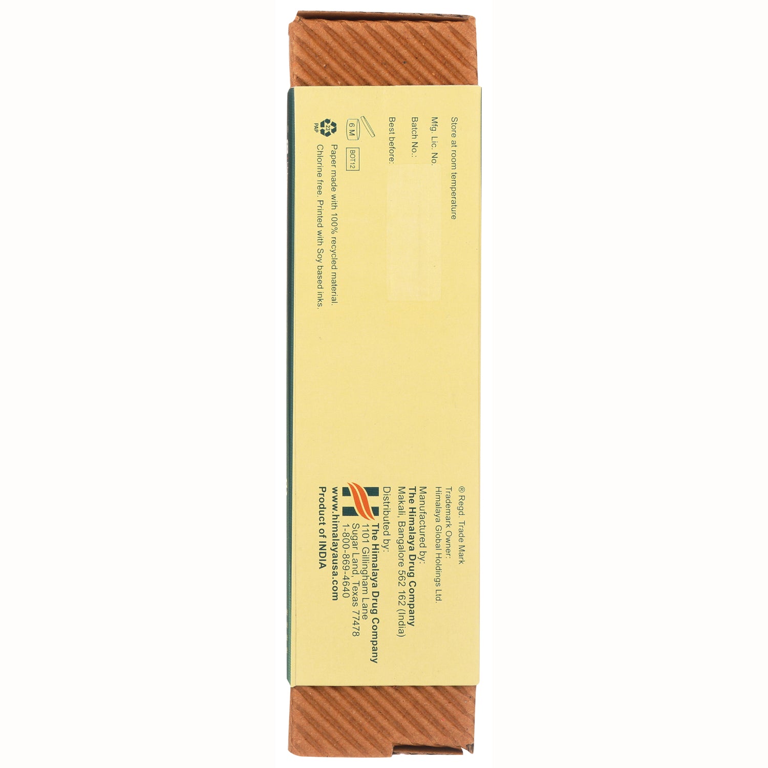 HHH037 | Back of yellow product box showing manufacturer details, recycling symbols and Product of INDIA text