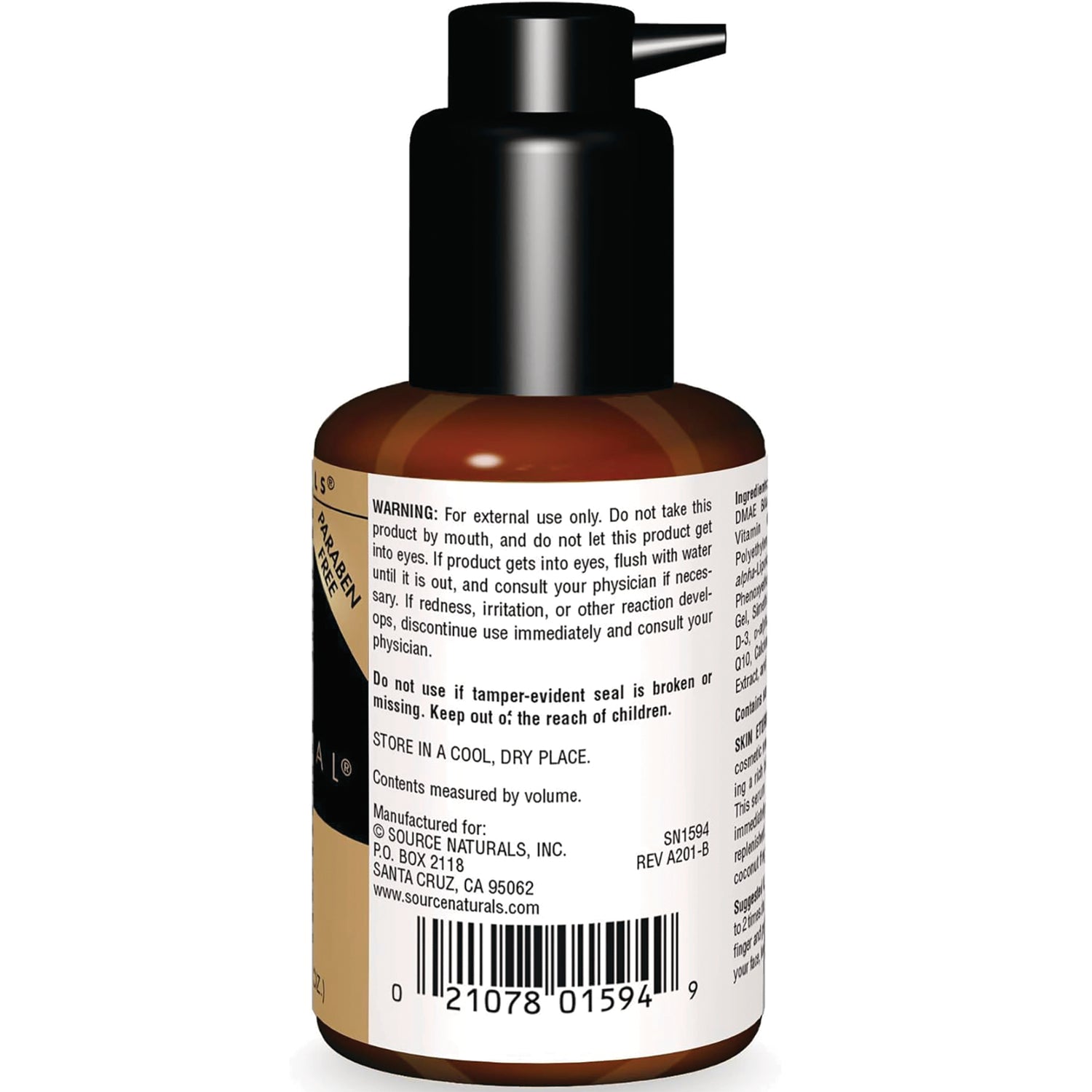 SN401 | Back label with warnings, ingredients, and barcode on amber pump bottle